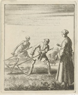 A woman beholds a mower behind whom stands Death with a scythe, Jan Luyken, Pieter Arentsz (II),