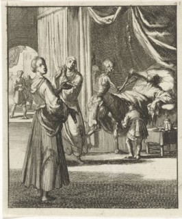 Woman pointing at Death, a figure on deathbed, Jan Luyken, Pieter Arentsz II, 1687