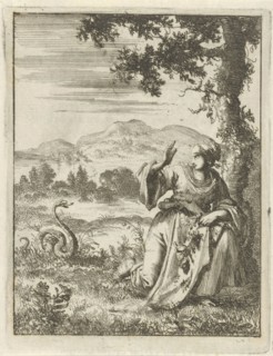 A woman picking a flower attacked by a snake, Jan Luyken, Pieter Arentsz II, 1687