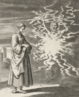 Woman walks quietly past Satan, Jan Luyken, Pieter Arentsz II, 1687