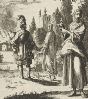 Woman pointing to the Soul and the Flesh walking hand in hand, Jan Luyken, Pieter Arentsz (II),