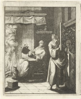 Woman opens the door for a figure who stands outside in a snowstorm, Jan Luyken, Pieter Arentsz II,