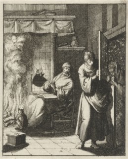 Woman opens the door for a figure who stands outside in a snowstorm, Jan Luyken, Pieter Arentsz II,