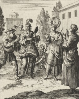 Female beholds a richly dressed lady who is chained to the World, Lust and the Devil, Jan Luyken,