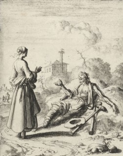 Woman speaks to a beggar, Jan Luyken, Pieter Arentsz (II), 1687