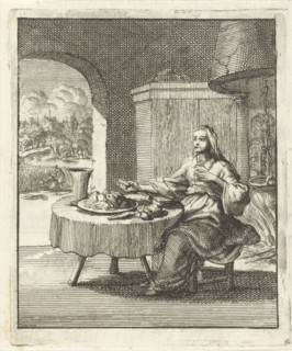 Woman eating at a table, Jan Luyken, Pieter Arentsz (II), 1687