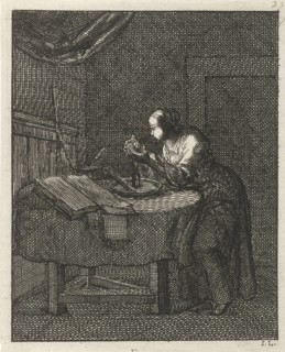 Woman blowing at a glowing candle wick, Jan Luyken, Pieter Arentsz (II), 1687