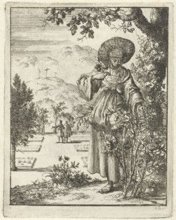 Woman picking roses in a garden, Jan Luyken, Pieter Arentsz II, 1687