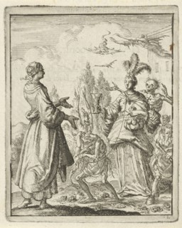 Woman pointing to richly dressed woman who is led on a string by Sin and is surrounded by death and