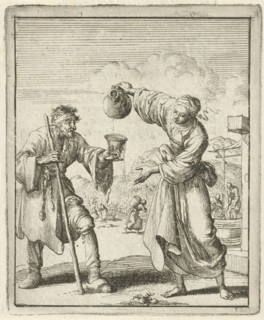 Woman gives a beggar wine, Jan Luyken, Pieter Arentsz (II), 1687