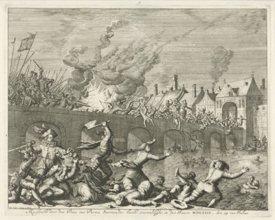 Spaniards killing people in Maastricht, 1579, Jan Luyken, 1678 - 1680