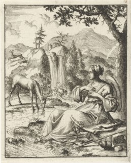 On the banks of a stream a woman sees a deer drinking, Jan Luyken, Pieter Arentsz II, 1687
