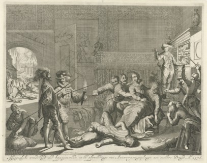 Abuse of a bride by Spanish soldiers during the Spanish Fury in Antwerp, Belgium, 1576, Jan Luyken,
