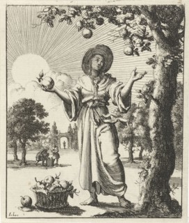 Woman collects fruits, Jan Luyken, Pieter Arentsz (II), 1687