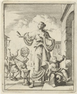 Women making defensive gesture to Death, who cuts the thread of life, print maker: Jan Luyken,