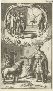 Cambyses kills the son of Prexaspis / Iron Henry, Duke of Holstein, between the lions, Jan Luyken,