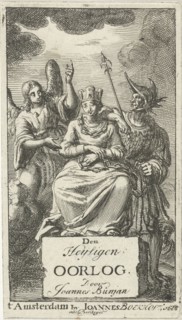 Garland and chained woman flanked by an angel and a soldier, Jan Luyken, Johannes Boekholt 1685