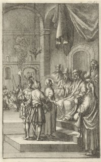 Christ before Caiaphas, Jan Luyken, Aart Dircksz Oossaan, 1684