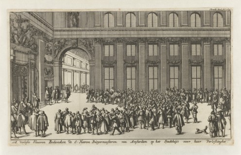 Freed slaves to thank the mayors of Amsterdam for their liberation, ca. 1682-1684, Jan Luyken, Jan