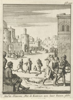 Slaves walk with chains on their ankles, Jan Luyken, Jan Claesz ten Hoorn, 1684
