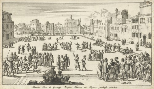 Christian prisoners are sold on a square in Algiers as slaves, Algeria, print maker: Jan Luyken,