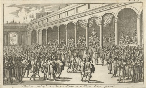 Asan Aga speaks to Westerners in the presence of a large crowd on a square, Jan Luyken, Jan Claesz