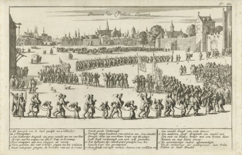 Procession of freed slaves. Procession of slaves and clergy, print maker: Jan Luyken, Jan Claesz