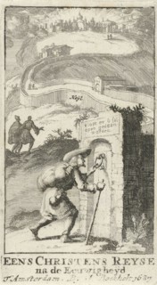 Pilgrim knocks on a door, print maker: Jan Luyken, Johannes Boekholt, 1687