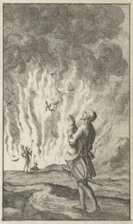 Christian is passing Hell while praying, Jan Luyken, Johannes Boekholt, 1684