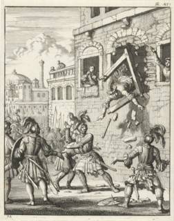 Henry II, Count of Champagne, plummeting through a broken window frame, Jan Luyken, Timotheus ten