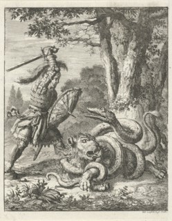 Godfrey of Bouillon free a lion from the stranglehold of a snake, Jan Luyken, 1683