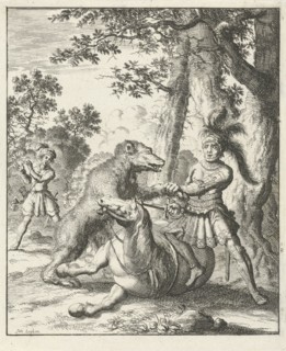 Godfrey of Bouillon, c. 1060 â€ì 1100, beats a bear, Jan Luyken, Timotheus ten Hoorn, 1683