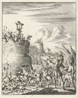 Attack on a fortress where a Turk is hit by arrows, print maker: Jan Luyken, Timotheus ten Hoorn,