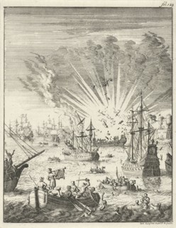 Sea Battle between Dutch and Spanish ships off the coast of Goa India, 1638, Jan Luyken, 1683