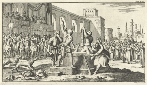 Convicted pounded by four executioners, Jan Luyken, 1682