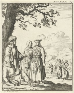 Lapland men and women talking under a tree, Jan Luyken, 1682