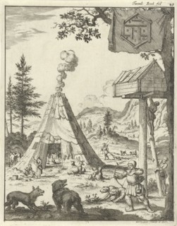 Laplander aims his bow and arrow at a wolf and a bear, Lapland, print maker: Jan Luyken, Jan Claesz
