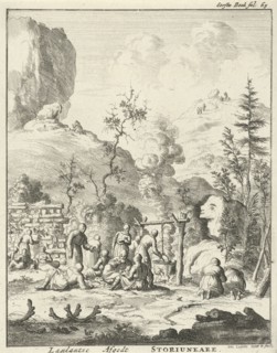 Laplanders worship the god Storiunkare, Lapland, print maker: Jan Luyken, Jan Claesz ten Hoorn,