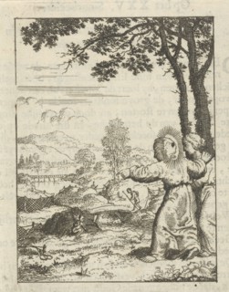 Christ and the soul personified, overlooking a landscape, print maker: Jan Luyken, Pieter Arentsz