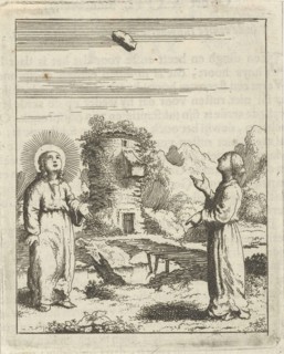 Christ and the personified soul behold a falling stone, print maker: Jan Luyken, Pieter Arentsz II,