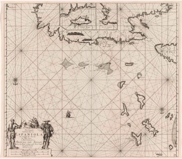 Sea chart of the north coast of Hispaniola, with two insert cards, print maker: Jan Luyken, Claes