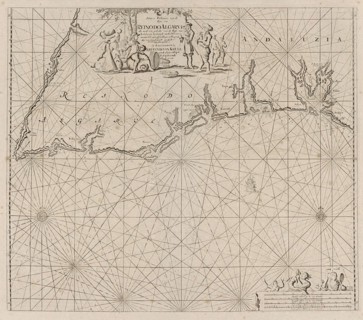 Sea map of part of the south coast of Portugal and Spain with the Algarve and Andalucia, Jan