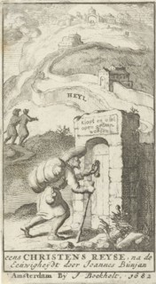 Pilgrim knocks on a door, Jan Luyken, Boekholt. Johannes, 1682