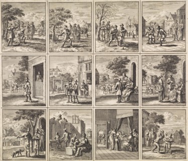 Twelve pictures from 'Des menschen begin, midden en einde', print maker: Jan Luyken, wed. Pieter