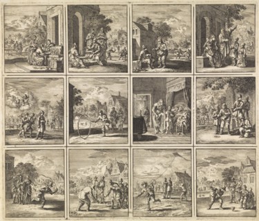 Twelve pictures from 'Des menschen begin, midden en einde', Jan Luyken, wed. Pieter Arentsz (II),