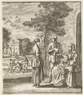 Adult daughter visits her mother and sisters, Jan Luyken, wed. Pieter Arentsz II, Cornelis van der