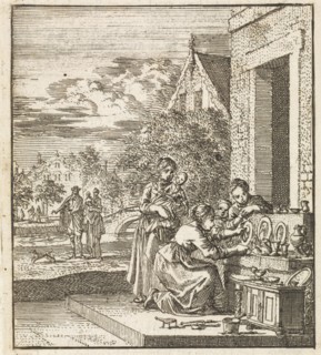 Girls exhibit dolls and tableware on the sidewalk, Jan Luyken, wed. Pieter Arentsz II, Cornelis van