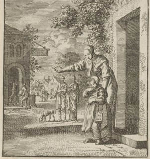 Mother points her child to a school, Jan Luyken, wed. Pieter Arentsz II, Cornelis van der Sys, 1712