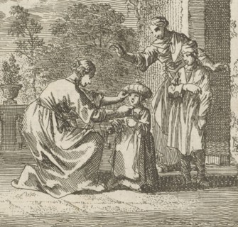 Child is given protective headgear in the garden, Jan Luyken, wed. Pieter Arentsz (II), Cornelis