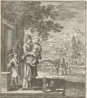 Mother with child on the sidewalk in front of her house, Jan Luyken, wed. Pieter Arentsz (II),